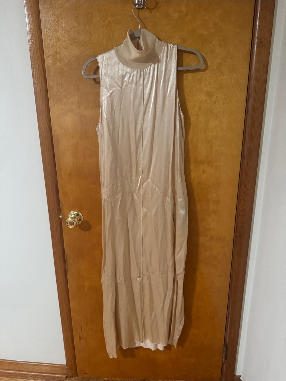 Silky High-Neck Slip Dress in Gold - Picture 3 of 4